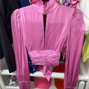 Long sleeve Pink Bardot top tie back